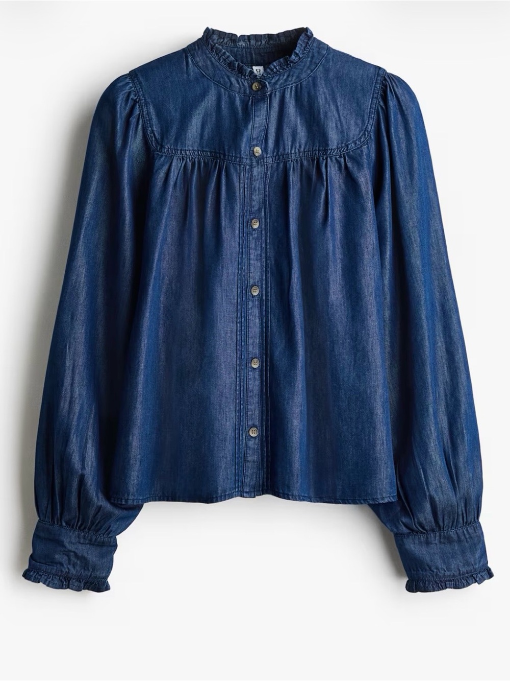 H&M Dark Blue Denim Ruffle Trimmed Button-Down Blouse